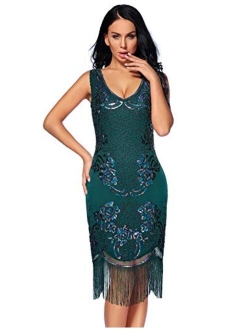 Women's 1920s Flapper Dress Sequin Beaded V Neck Tassels Hem Great Gatsby Cocktail Dress