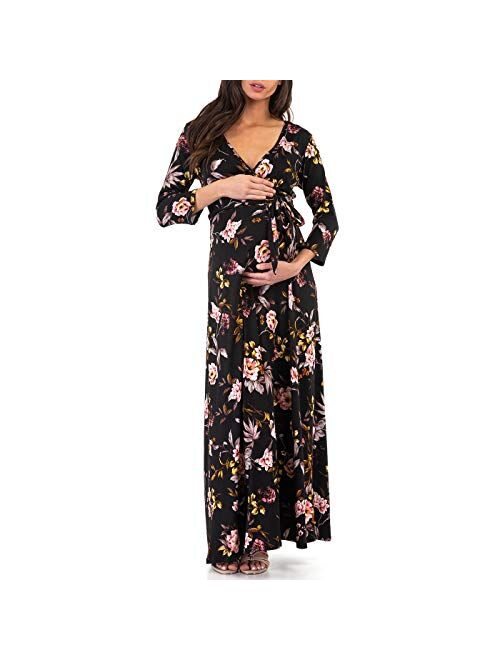 Mother Bee Maternity | Ivory Tie-Waist Surplice Maternity Maxi Dress