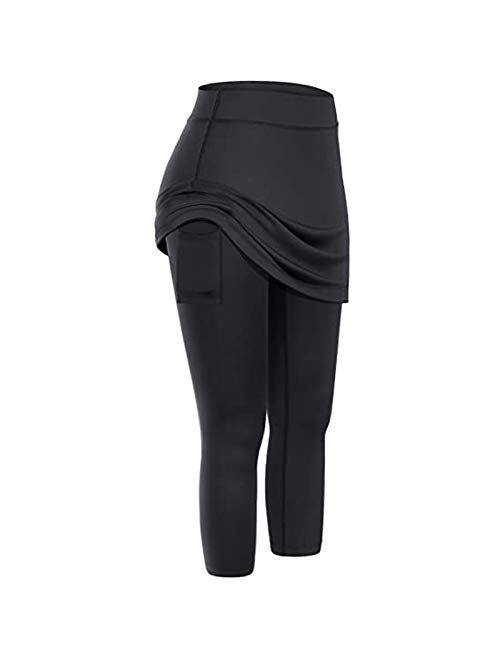 ZIPSAK Women Tennis Skirted Leggings with Pockets Elastic Sports Yoga Pants Capris Skirts Legging High Waist