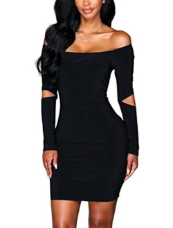 Engood Women's Sexy Long Sleeve Off Shoulder Pencil Mini Dress Bodycon Cocktail Stretchy Dress