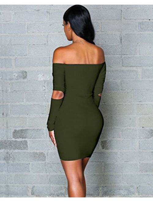 Engood Women's Sexy Long Sleeve Off Shoulder Pencil Mini Dress Bodycon Cocktail Stretchy Dress