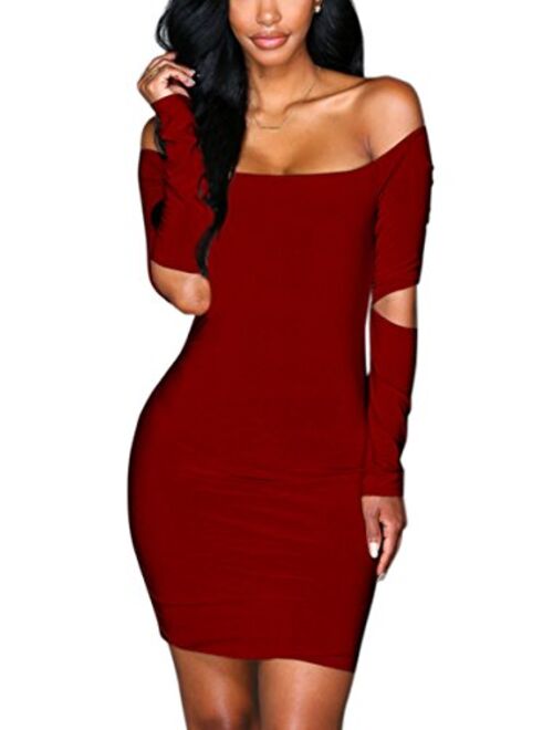 Engood Women's Sexy Long Sleeve Off Shoulder Pencil Mini Dress Bodycon Cocktail Stretchy Dress