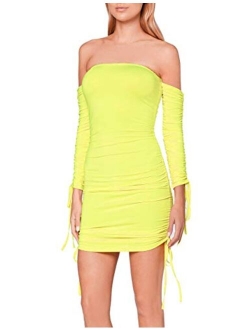 Women's Neon Green Ruched Off Shoulder Long Sleeve - Bodycon Dress Sexy Dresses Party Night Club Dresses