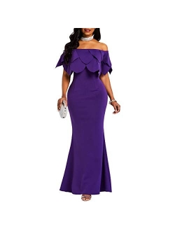 VERWIN Bodycon Dress for Woman Long Sleeve Knee-Length Ruffle Sleeve Off Shoulder Evening Dress