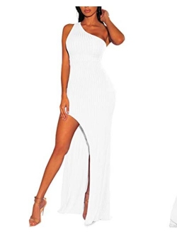 Womens Sexy One Off Shoulder Sleeveless High Split Ribbed Dress Beach Pencil Party Maxi Dresss