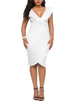 WIWIQS Women's Sexy V Neck Bodycon Long Sleeve/Sleeveless Ruffle Dress Front Slit Bandage Plus Size Midi Club Dresses