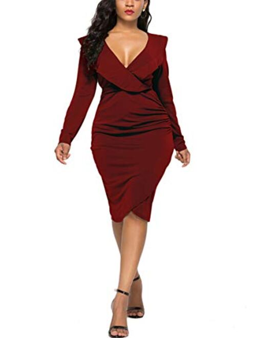 WIWIQS Women's Sexy V Neck Bodycon Long Sleeve/Sleeveless Ruffle Dress Front Slit Bandage Plus Size Midi Club Dresses