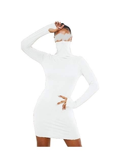 Antopmen Women Face Mask High Neck Long Sleeve with Thumb Hole Dress Slim Bodycon Mini Party Dresses