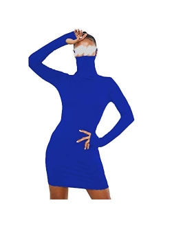 Antopmen Women Face Mask High Neck Long Sleeve with Thumb Hole Dress Slim Bodycon Mini Party Dresses