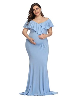 JustVH Women's Off Shoulder Ruffles Elegant Fitted Maternity Gown Slim Fit Maxi Photography Dress for Photo Shoot Dress