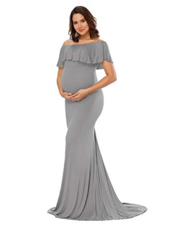 JustVH Women's Off Shoulder Ruffles Elegant Fitted Maternity Gown Slim Fit Maxi Photography Dress for Photo Shoot Dress