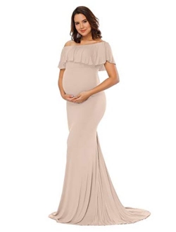 JustVH Women's Off Shoulder Ruffles Elegant Fitted Maternity Gown Slim Fit Maxi Photography Dress for Photo Shoot Dress