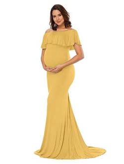 JustVH Women's Off Shoulder Ruffles Elegant Fitted Maternity Gown Slim Fit Maxi Photography Dress for Photo Shoot Dress