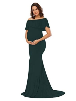 JustVH Women's Off Shoulder Ruffles Elegant Fitted Maternity Gown Slim Fit Maxi Photography Dress for Photo Shoot Dress