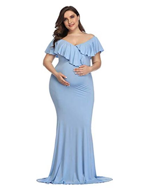 JustVH Women's Off Shoulder Ruffles Elegant Fitted Maternity Gown Slim Fit Maxi Photography Dress for Photo Shoot Dress