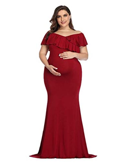 JustVH Women's Off Shoulder Ruffles Elegant Fitted Maternity Gown Slim Fit Maxi Photography Dress for Photo Shoot Dress