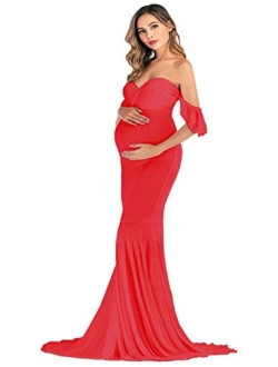 ORQ Maternity Elegant Fitted Maternity Gown Off Shoulder Wrap Mermaid Slim Fit Maxi Photography Dress for Photo Shoot