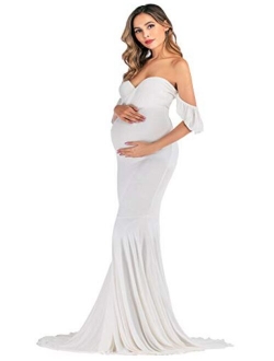 ORQ Maternity Elegant Fitted Maternity Gown Off Shoulder Wrap Mermaid Slim Fit Maxi Photography Dress for Photo Shoot