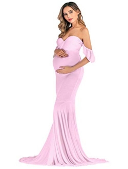 ORQ Maternity Elegant Fitted Maternity Gown Off Shoulder Wrap Mermaid Slim Fit Maxi Photography Dress for Photo Shoot