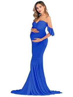 ORQ Maternity Elegant Fitted Maternity Gown Off Shoulder Wrap Mermaid Slim Fit Maxi Photography Dress for Photo Shoot