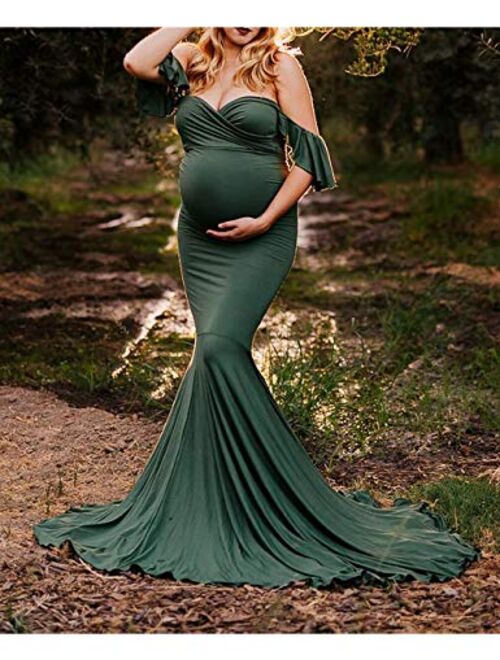 ORQ Maternity Elegant Fitted Maternity Gown Off Shoulder Wrap Mermaid Slim Fit Maxi Photography Dress for Photo Shoot