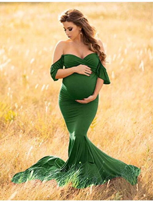 ORQ Maternity Elegant Fitted Maternity Gown Off Shoulder Wrap Mermaid Slim Fit Maxi Photography Dress for Photo Shoot