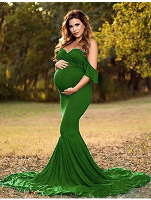 ORQ Maternity Elegant Fitted Maternity Gown Off Shoulder Wrap Mermaid Slim Fit Maxi Photography Dress for Photo Shoot