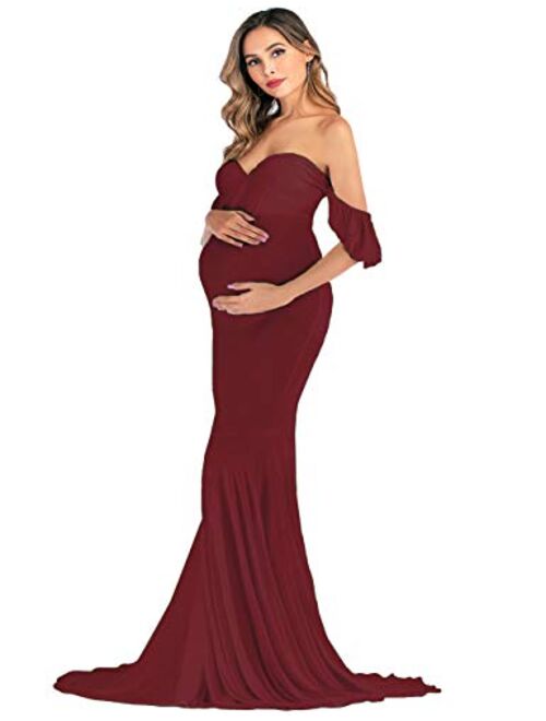 ORQ Maternity Elegant Fitted Maternity Gown Off Shoulder Wrap Mermaid Slim Fit Maxi Photography Dress for Photo Shoot