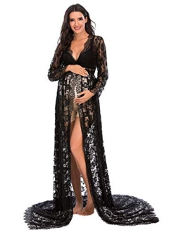 ZIUMUDY Maternity Deep V-Neck Split Front See-Through Maxi Lace Dress for Photography with Long Sleeve