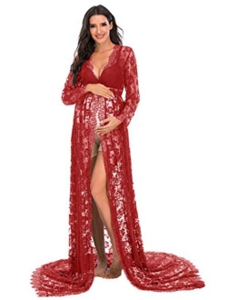 ZIUMUDY Maternity Deep V-Neck Split Front See-Through Maxi Lace Dress for Photography with Long Sleeve