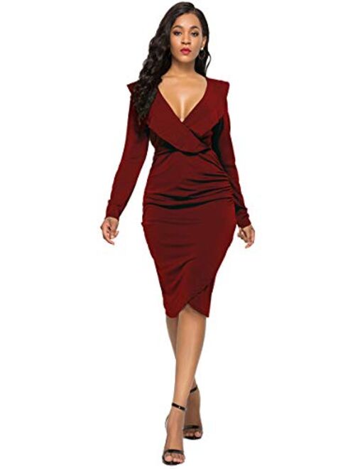 YMING Womens Ruffle V-Neck Sleeveless Cocktail Evening Party Falbala Bodycon Dress