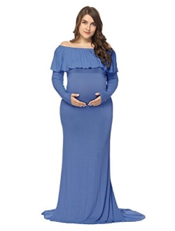 JustVH Maternity Fitted Elegant Gown Long Sleeve Off Shoulder Ruffles Maxi Photography Dress for Photoshoot