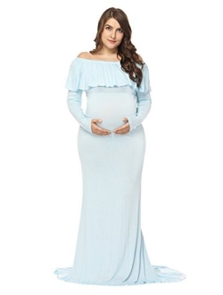 JustVH Maternity Fitted Elegant Gown Long Sleeve Off Shoulder Ruffles Maxi Photography Dress for Photoshoot