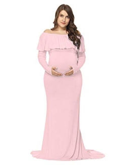 JustVH Maternity Fitted Elegant Gown Long Sleeve Off Shoulder Ruffles Maxi Photography Dress for Photoshoot