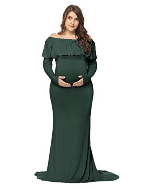 JustVH Maternity Fitted Elegant Gown Long Sleeve Off Shoulder Ruffles Maxi Photography Dress for Photoshoot