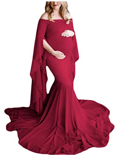 JustVH Women's Off The Shoulder Elegant Fitted Maternity Gown Flare Sleeve Slim Fit Maxi Photography Dress for Photoshoot