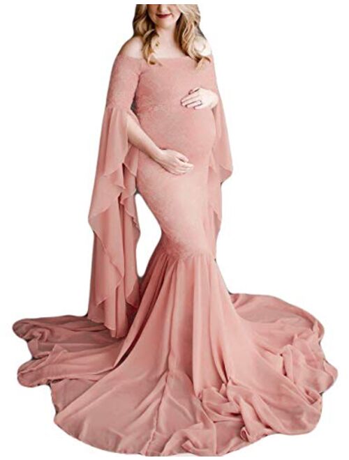 JustVH Women's Off The Shoulder Elegant Fitted Maternity Gown Flare Sleeve Slim Fit Maxi Photography Dress for Photoshoot