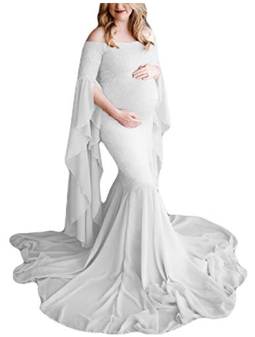 JustVH Women's Off The Shoulder Elegant Fitted Maternity Gown Flare Sleeve Slim Fit Maxi Photography Dress for Photoshoot