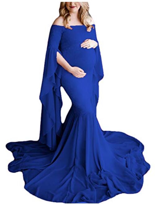 JustVH Women's Off The Shoulder Elegant Fitted Maternity Gown Flare Sleeve Slim Fit Maxi Photography Dress for Photoshoot