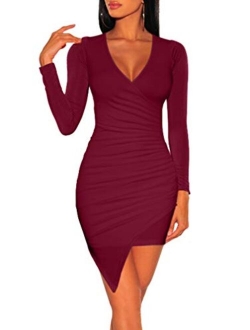 ZileZile Women's Sexy Bodycon Long Sleeve Ruched Deep V Neck Wrap Club Mini Dress