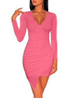 ZileZile Women's Sexy Bodycon Long Sleeve Ruched Deep V Neck Wrap Club Mini Dress