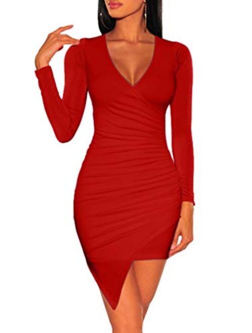 ZileZile Women's Sexy Bodycon Long Sleeve Ruched Deep V Neck Wrap Club Mini Dress