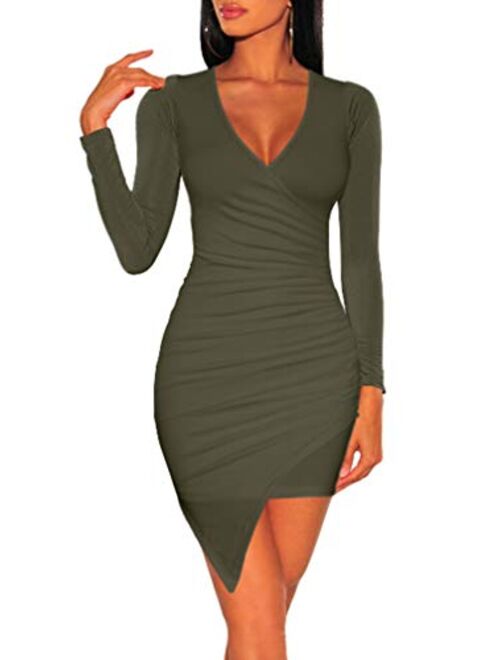 ZileZile Women's Sexy Bodycon Long Sleeve Ruched Deep V Neck Wrap Club Mini Dress