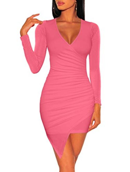 ZileZile Women's Sexy Bodycon Long Sleeve Ruched Deep V Neck Wrap Club Mini Dress