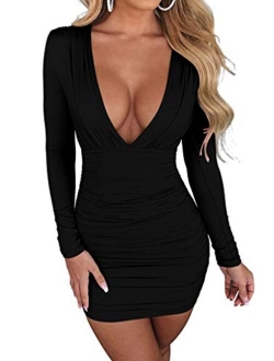 Women's Sexy Bodycon Long Sleeve V Neck Ruched Mini Club Dress