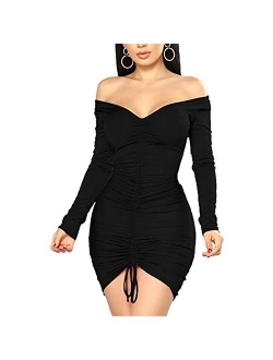 Haloladies Womens Sexy See Through Sheer Mesh Deep V Neck Long Sleeve Bodycon Ruched Drawstring Cocktail Party Mini Dress