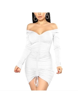 Haloladies Womens Sexy See Through Sheer Mesh Deep V Neck Long Sleeve Bodycon Ruched Drawstring Cocktail Party Mini Dress