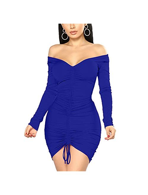 Haloladies Womens Sexy See Through Sheer Mesh Deep V Neck Long Sleeve Bodycon Ruched Drawstring Cocktail Party Mini Dress