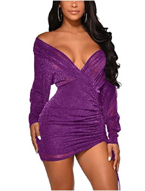 Haloladies Womens Sexy See Through Sheer Mesh Deep V Neck Long Sleeve Bodycon Ruched Drawstring Cocktail Party Mini Dress