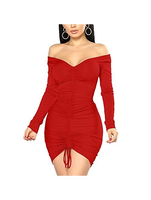 Haloladies Womens Sexy See Through Sheer Mesh Deep V Neck Long Sleeve Bodycon Ruched Drawstring Cocktail Party Mini Dress